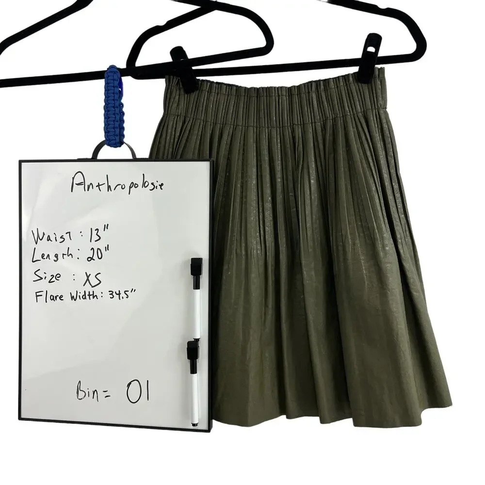 Anthropologie Faux Leather Olive Green Pleated Mini Skirt Women XS Indie Preppy